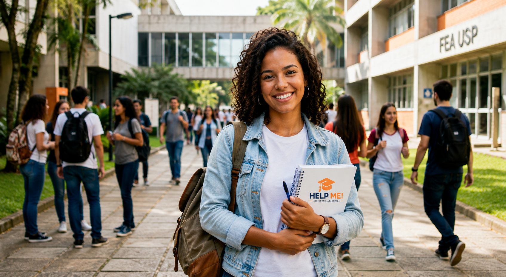 Estudante sorrindo no campus universitário segurando material da HELP ME!